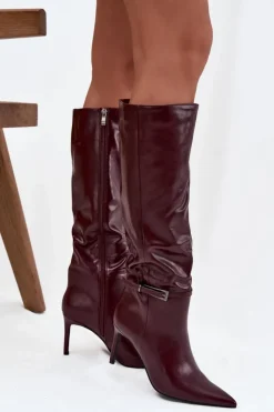 Damskie Boto Kozaki Damskie Na Szpilce Z Paskiem Bordowe Lisanne