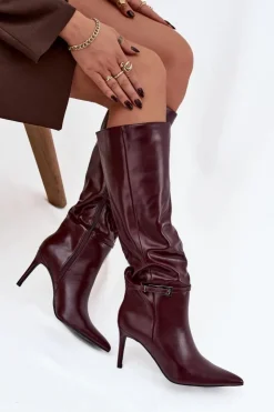 Damskie Boto Kozaki Damskie Na Szpilce Z Paskiem Bordowe Lisanne