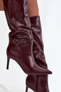 Damskie Boto Kozaki Damskie Na Szpilce Z Paskiem Bordowe Lisanne