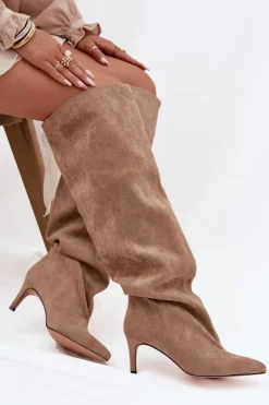 Boto Kozaki Ocieplane|Muszkieterki*Kozaki Damskie Na Szpilce Wsuwane Beżowe Mavilla Beżowy