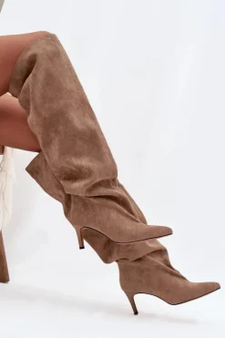 Boto Kozaki Ocieplane|Muszkieterki*Kozaki Damskie Na Szpilce Wsuwane Beżowe Mavilla Beżowy