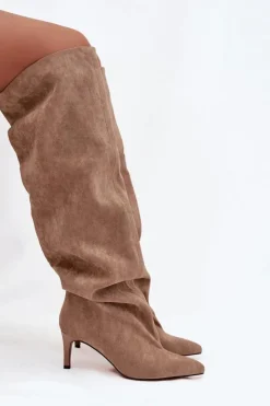 Boto Kozaki Ocieplane|Muszkieterki*Kozaki Damskie Na Szpilce Wsuwane Beżowe Mavilla Beżowy