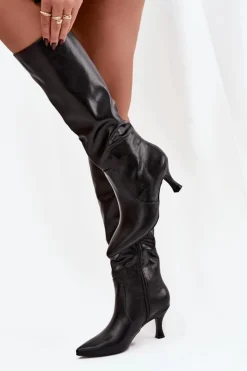 New Boto Kozaki Damskie Na Szpilce Z Eko Skóry Czarne Karella