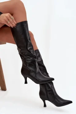 New Boto Kozaki Damskie Na Szpilce Z Eko Skóry Czarne Karella