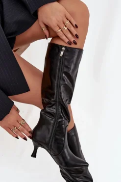 New Boto Kozaki Damskie Na Szpilce Z Eko Skóry Czarne Karella