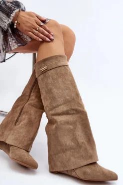 Damskie Boto Kozaki Damskie Na Ukrytym Koturnie Beżowe Pattia