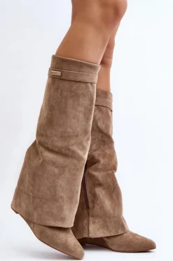 Damskie Boto Kozaki Damskie Na Ukrytym Koturnie Beżowe Pattia