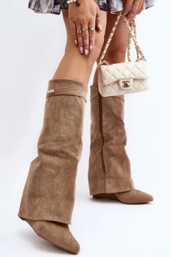 Damskie Boto Kozaki Damskie Na Ukrytym Koturnie Beżowe Pattia