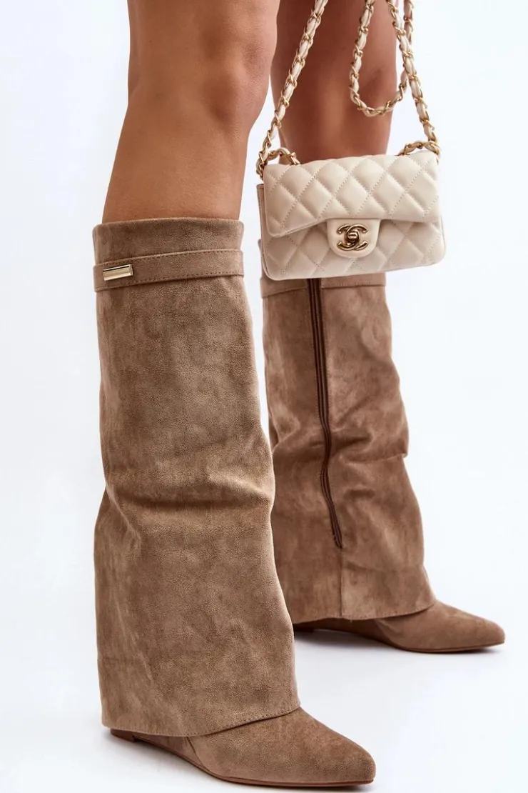 Damskie Boto Kozaki Damskie Na Ukrytym Koturnie Beżowe Pattia