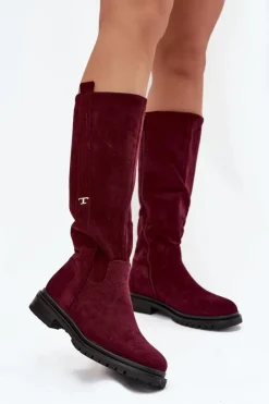 Damskie Boto Kozaki Damskie Ocieplane Na płaskim Obcasie Eko Zamszowe Bordowe Delyssa