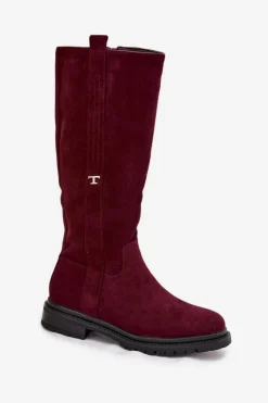 Damskie Boto Kozaki Damskie Ocieplane Na płaskim Obcasie Eko Zamszowe Bordowe Delyssa