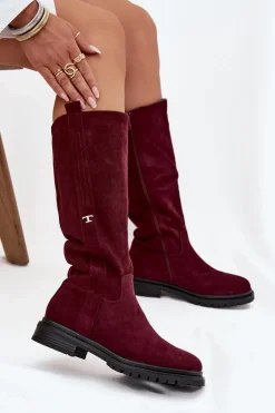 Damskie Boto Kozaki Damskie Ocieplane Na płaskim Obcasie Eko Zamszowe Bordowe Delyssa