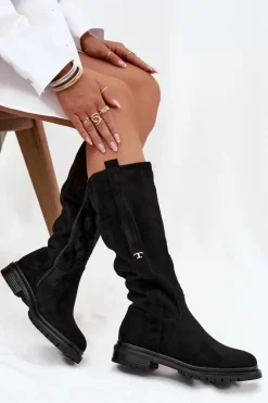 Hot Boto Kozaki Damskie Ocieplane Na płaskim Obcasie Eko Zamszowe Czarne Delyssa