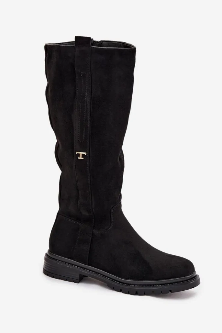 Hot Boto Kozaki Damskie Ocieplane Na płaskim Obcasie Eko Zamszowe Czarne Delyssa