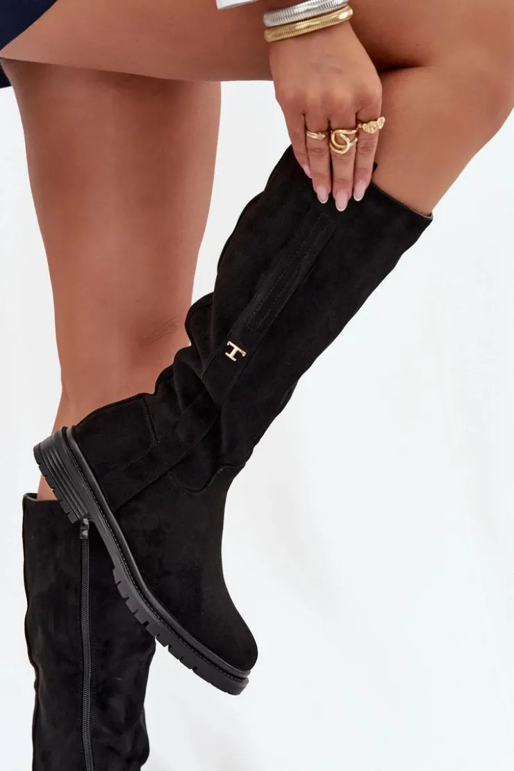 Hot Boto Kozaki Damskie Ocieplane Na płaskim Obcasie Eko Zamszowe Czarne Delyssa