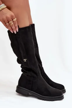 Hot Boto Kozaki Damskie Ocieplane Na płaskim Obcasie Eko Zamszowe Czarne Delyssa