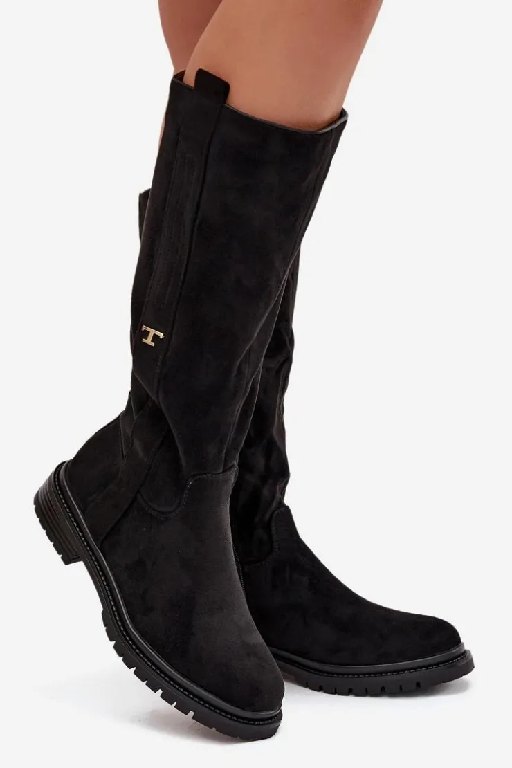 Hot Boto Kozaki Damskie Ocieplane Na płaskim Obcasie Eko Zamszowe Czarne Delyssa