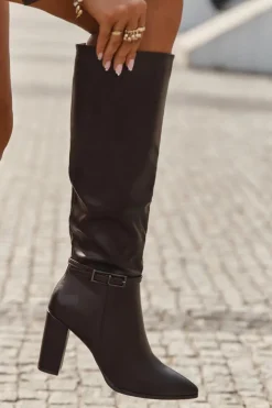 Damskie Boto Kozaki Damskie Ocieplane Na Słupku Z Klamrą Czekoladowe Fionelle