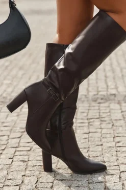 Damskie Boto Kozaki Damskie Ocieplane Na Słupku Z Klamrą Czekoladowe Fionelle