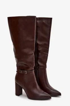 Damskie Boto Kozaki Damskie Ocieplane Na Słupku Z Klamrą Czekoladowe Fionelle