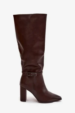 Damskie Boto Kozaki Damskie Ocieplane Na Słupku Z Klamrą Czekoladowe Fionelle