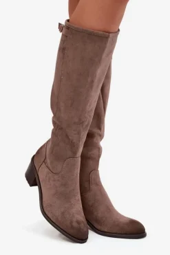 Damskie Buty damskie Vinceza Kozaki Damskie Ocieplane Na Obcasie Ze Złotą Klamrą Vinceza 58589 Ciemnobeżowe