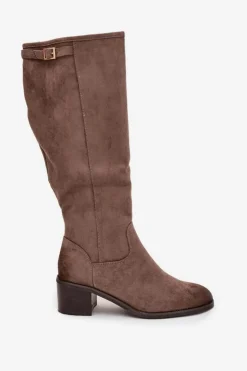 Damskie Buty damskie Vinceza Kozaki Damskie Ocieplane Na Obcasie Ze Złotą Klamrą Vinceza 58589 Ciemnobeżowe