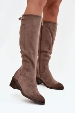 Damskie Buty damskie Vinceza Kozaki Damskie Ocieplane Na Obcasie Ze Złotą Klamrą Vinceza 58589 Ciemnobeżowe