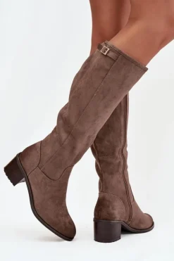 Damskie Buty damskie Vinceza Kozaki Damskie Ocieplane Na Obcasie Ze Złotą Klamrą Vinceza 58589 Ciemnobeżowe