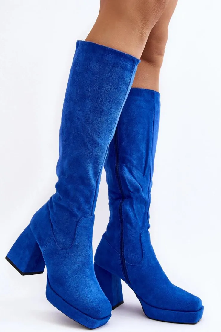 Boto Kozaki Wiosenne|Kozaki Przed Kolano*Kozaki Damskie Ocieplane Na Masywnym Obcasie Niebieski Layala