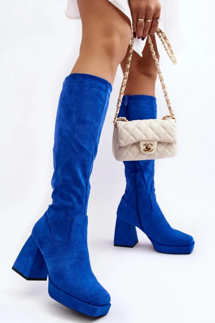 Boto Kozaki Wiosenne|Kozaki Przed Kolano*Kozaki Damskie Ocieplane Na Masywnym Obcasie Niebieski Layala