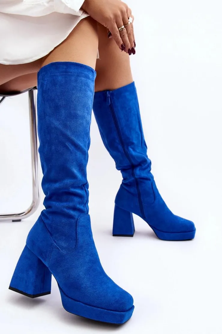 Boto Kozaki Wiosenne|Kozaki Przed Kolano*Kozaki Damskie Ocieplane Na Masywnym Obcasie Niebieski Layala