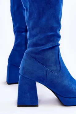 Boto Kozaki Wiosenne|Kozaki Przed Kolano*Kozaki Damskie Ocieplane Na Masywnym Obcasie Niebieski Layala