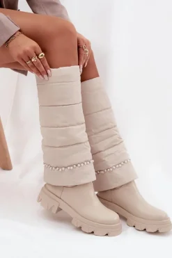 Discount Boto Kozaki Damskie Ocieplane Z Koralikami Jasnobeżowe Irvette Beżowy