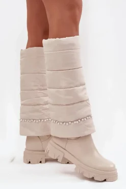Discount Boto Kozaki Damskie Ocieplane Z Koralikami Jasnobeżowe Irvette Beżowy