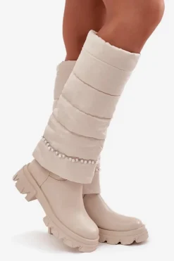 Discount Boto Kozaki Damskie Ocieplane Z Koralikami Jasnobeżowe Irvette Beżowy