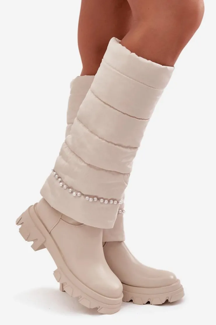 Discount Boto Kozaki Damskie Ocieplane Z Koralikami Jasnobeżowe Irvette Beżowy