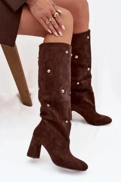 Discount Boto Kozaki Damskie Ocieplane Na Słupku Z Ozdobnymi Detalami Czekoladowe Lucinda Brązowy