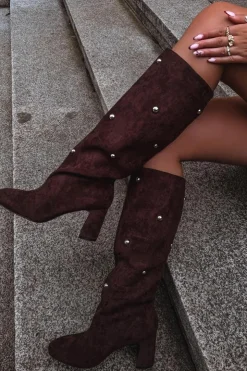 Discount Boto Kozaki Damskie Ocieplane Na Słupku Z Ozdobnymi Detalami Czekoladowe Lucinda Brązowy