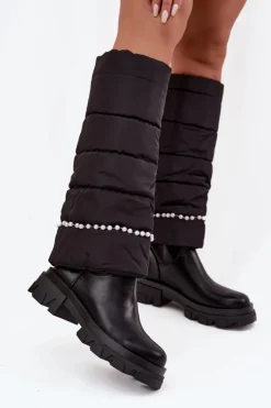 Damskie Boto Kozaki Damskie Ocieplane Z Koralikami Czarne Irvette