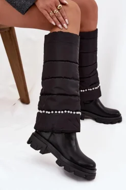Damskie Boto Kozaki Damskie Ocieplane Z Koralikami Czarne Irvette