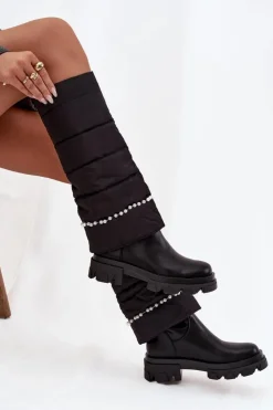 Damskie Boto Kozaki Damskie Ocieplane Z Koralikami Czarne Irvette