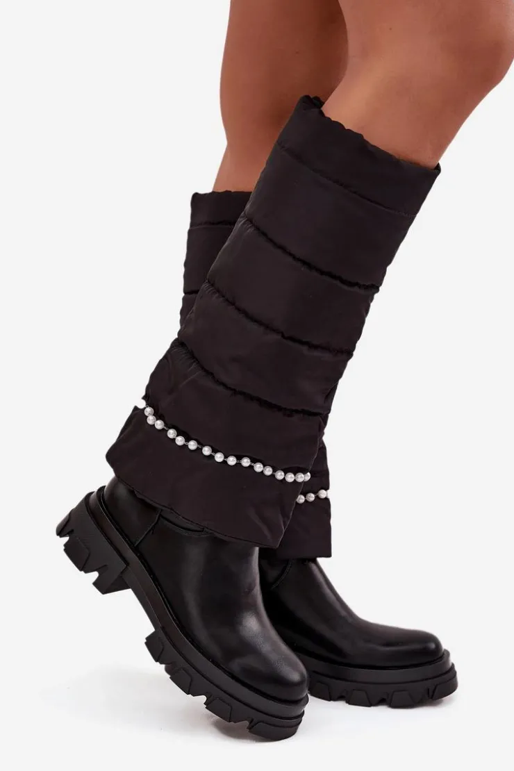Damskie Boto Kozaki Damskie Ocieplane Z Koralikami Czarne Irvette