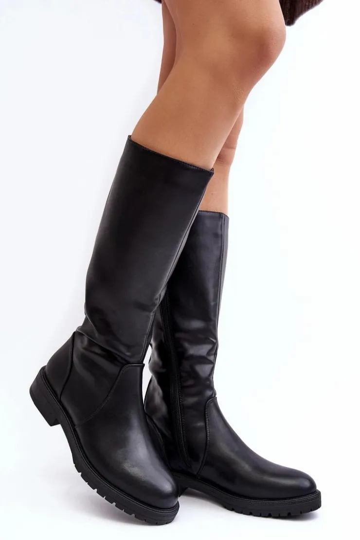 Damskie Buty Sergio Leone Kozaki Damskie Ocieplane Na Płaskim Obcasie Czarne Evelio