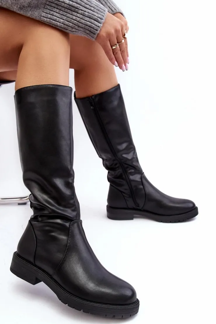 Damskie Buty Sergio Leone Kozaki Damskie Ocieplane Na Płaskim Obcasie Czarne Evelio