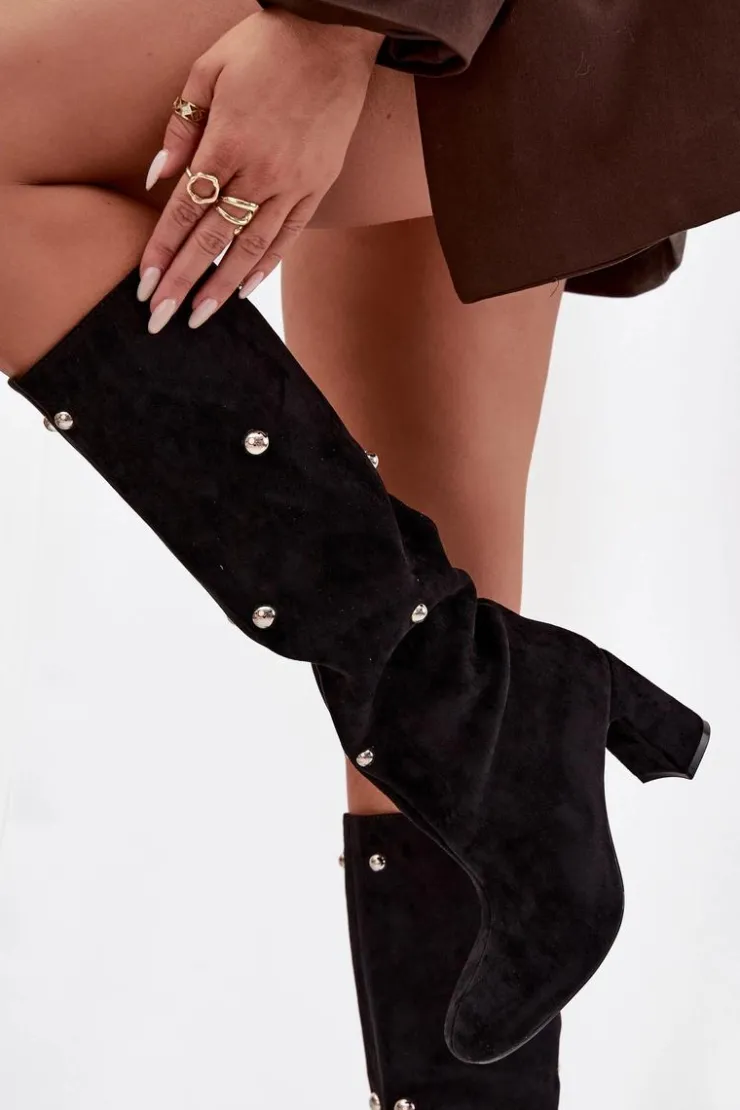 Boto Kozaki Ocieplane|Kozaki Na Słupku*Kozaki Damskie Ocieplane Na Słupku Z Ozdobnymi Detalami Czarne Lucinda Czarny