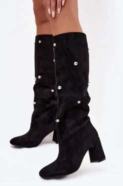 Boto Kozaki Ocieplane|Kozaki Na Słupku*Kozaki Damskie Ocieplane Na Słupku Z Ozdobnymi Detalami Czarne Lucinda Czarny