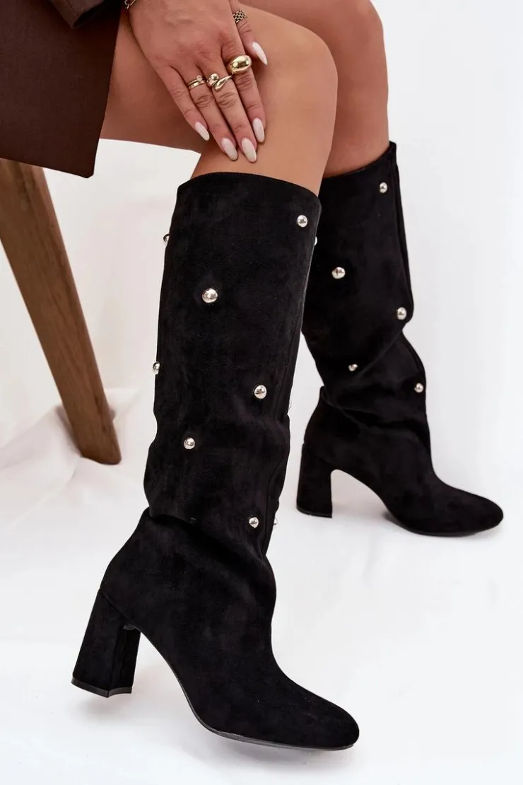 Boto Kozaki Ocieplane|Kozaki Na Słupku*Kozaki Damskie Ocieplane Na Słupku Z Ozdobnymi Detalami Czarne Lucinda Czarny