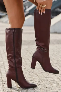 Damskie Boto Kozaki Damskie Ocieplane Na Słupku Z Klamrą Bordowe Fionelle