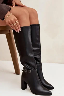 Damskie Boto Kozaki Damskie Ocieplane Na Słupku Z Klamrą Czarne Fionelle